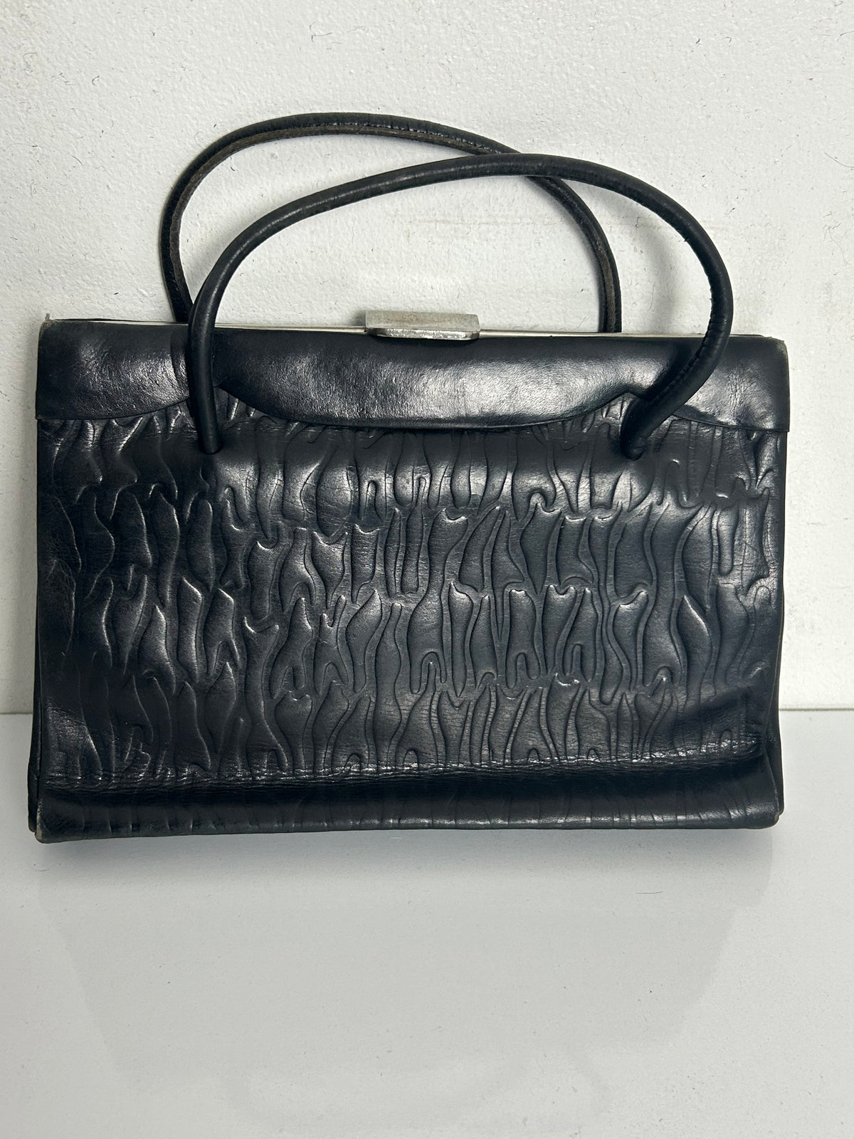 Vintage Early 1950s Small Black Embossed Kelly Style Handbag