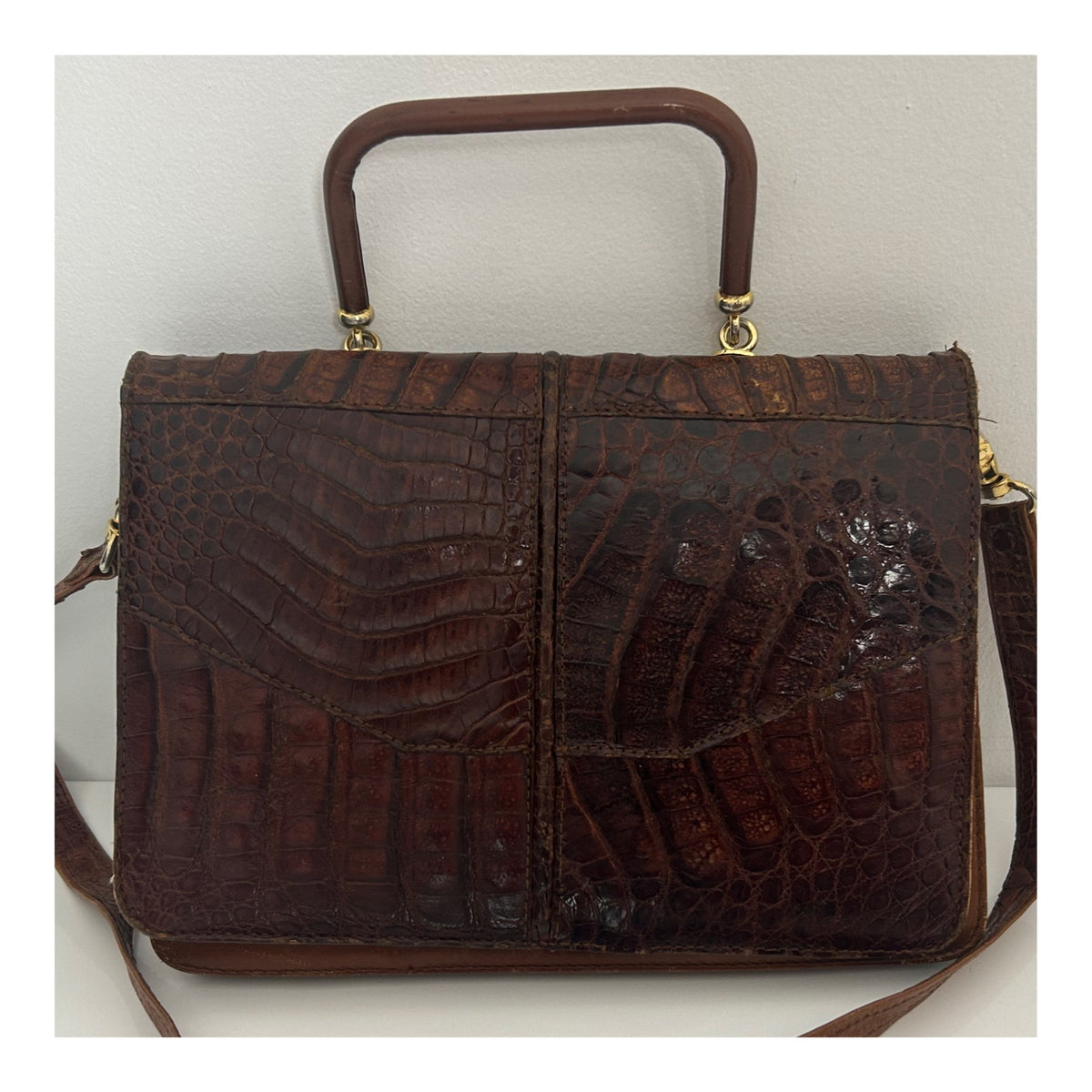 Vintage 1970s Brown Crocodile Skin Leather Handbag With Detachable Shoulder Strap