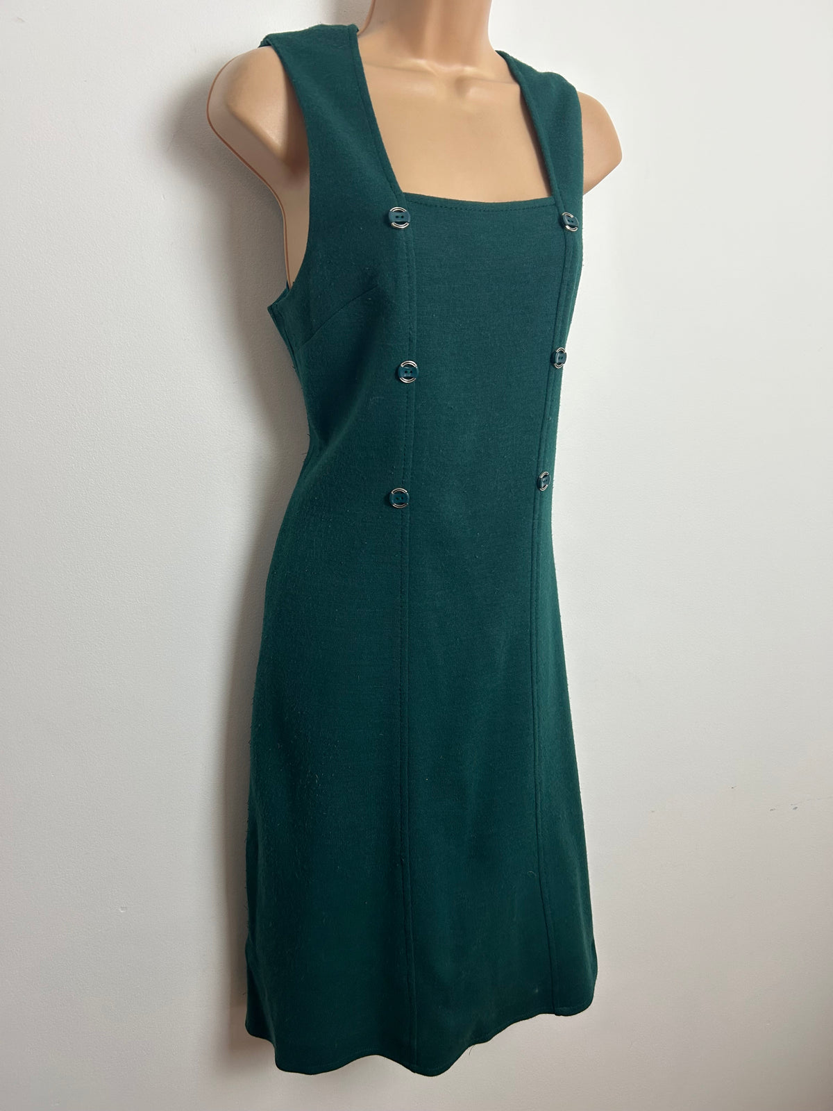 Vintage 1960s Size 10 Teal Green Wool Mix Sleeveless Button Detail Mod Shift Dress
