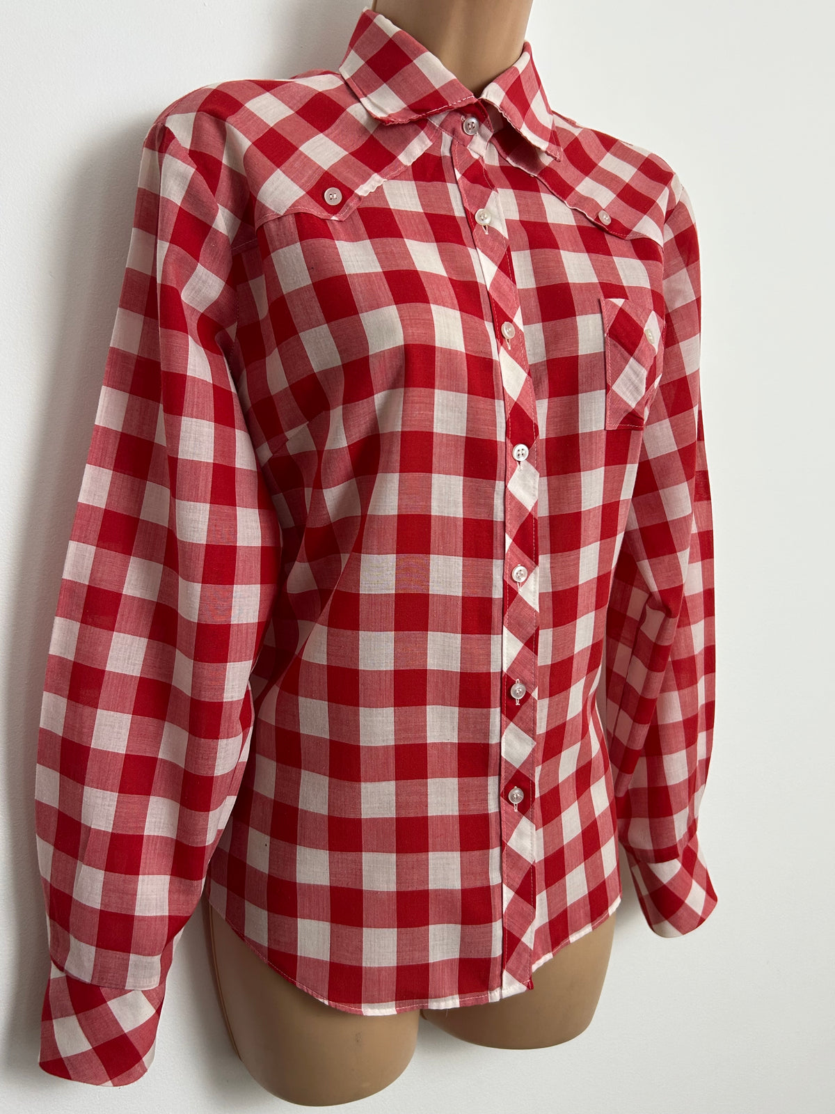 Vintage 1970s Size 14-16 Red & White Check Print Cotton Mix Long Sleeve Shirt