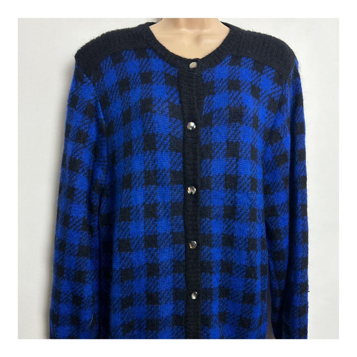 Vintage 1980s One Size Slouchy Blue & Black Check Pattern Superkid Mohair Mix Long Sleeve Cardigan