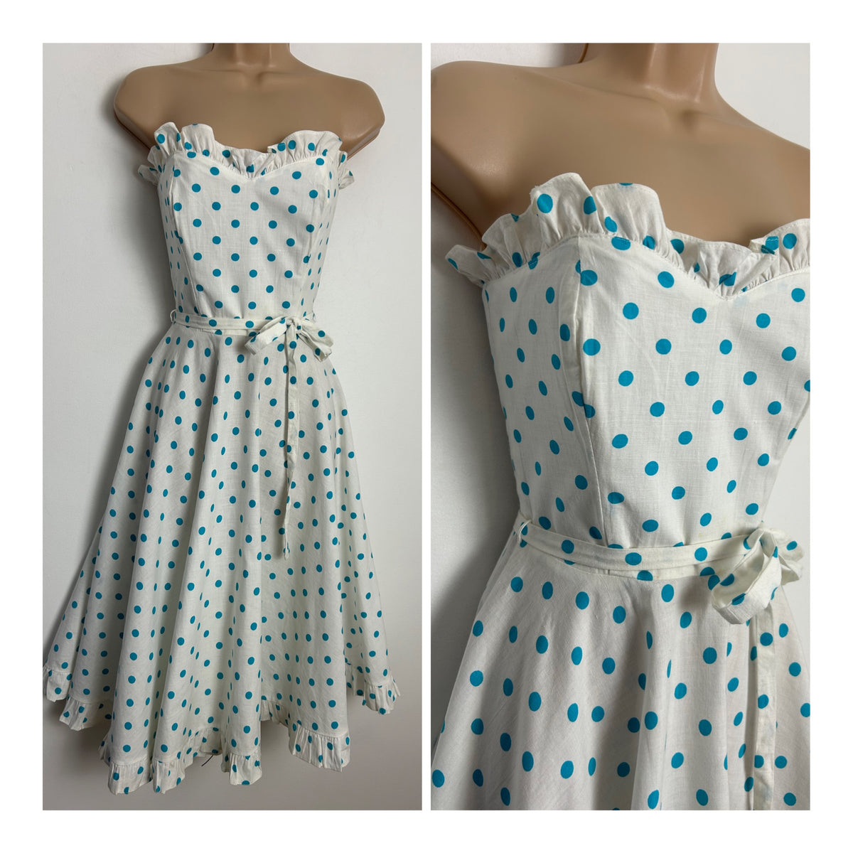 Vintage Early 1980s MUSHROOM LTD Size 6-8 White & Blue Polka Dot Strapless Boned Summer Rockabilly Style Dress