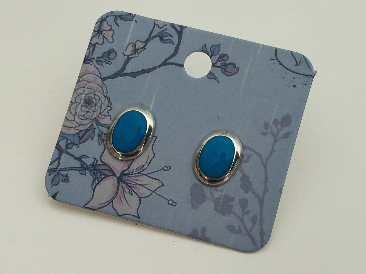 Vintage Silver Tone & Turquoise Enamel Small Oval Earrings