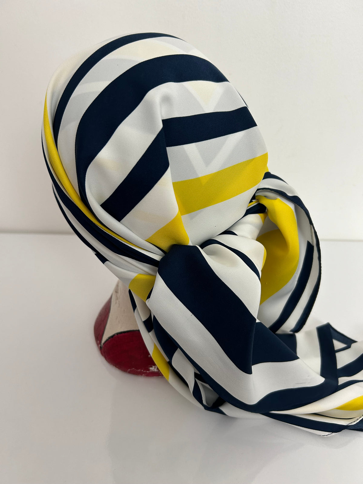Vintage ROMANO White Navy Blue & Yellow Stripe Print Polyester Scarf 88cm x 92cm