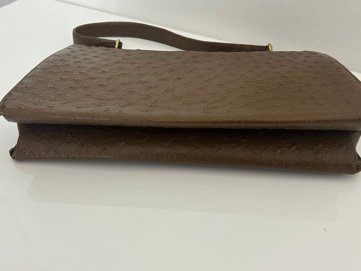 Vintage 1960s Large Brown Leather Ostrich Embossed Kelly Style Handbag