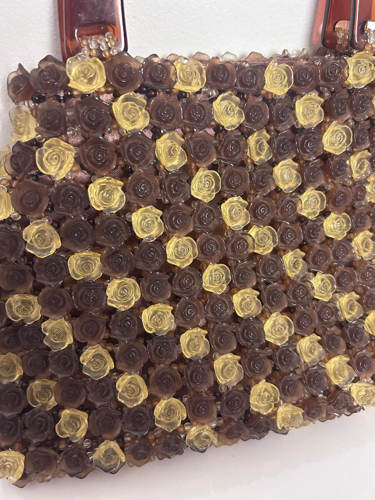 Vintage 1960s Gorgeous Brown & Beige Heavy Plastic Roses & Beaded Handbag