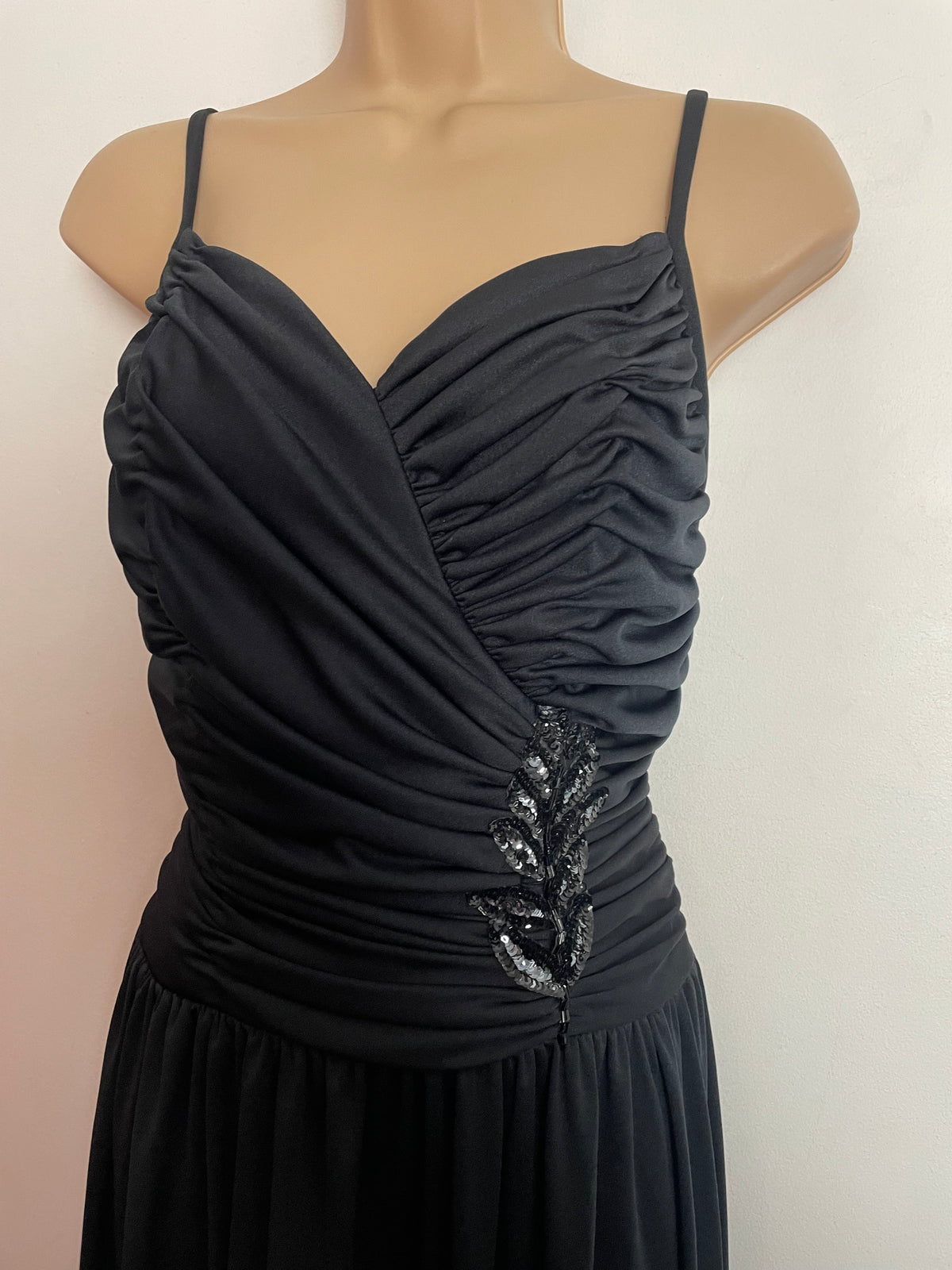 Vintage Late 1970s UK Size 8 Black Ruched & Sequin Detail Evening Occasion Maxi Dress