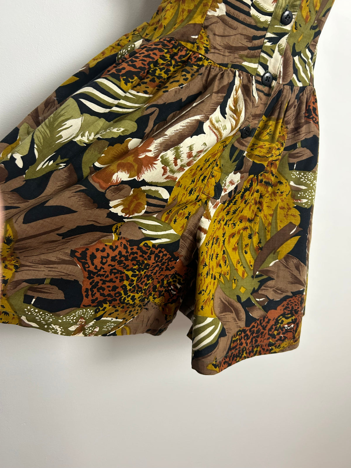 Vintage 1980s Size 10 Brown & Green Tones Jungle Print Cotton Romper/Playsuit