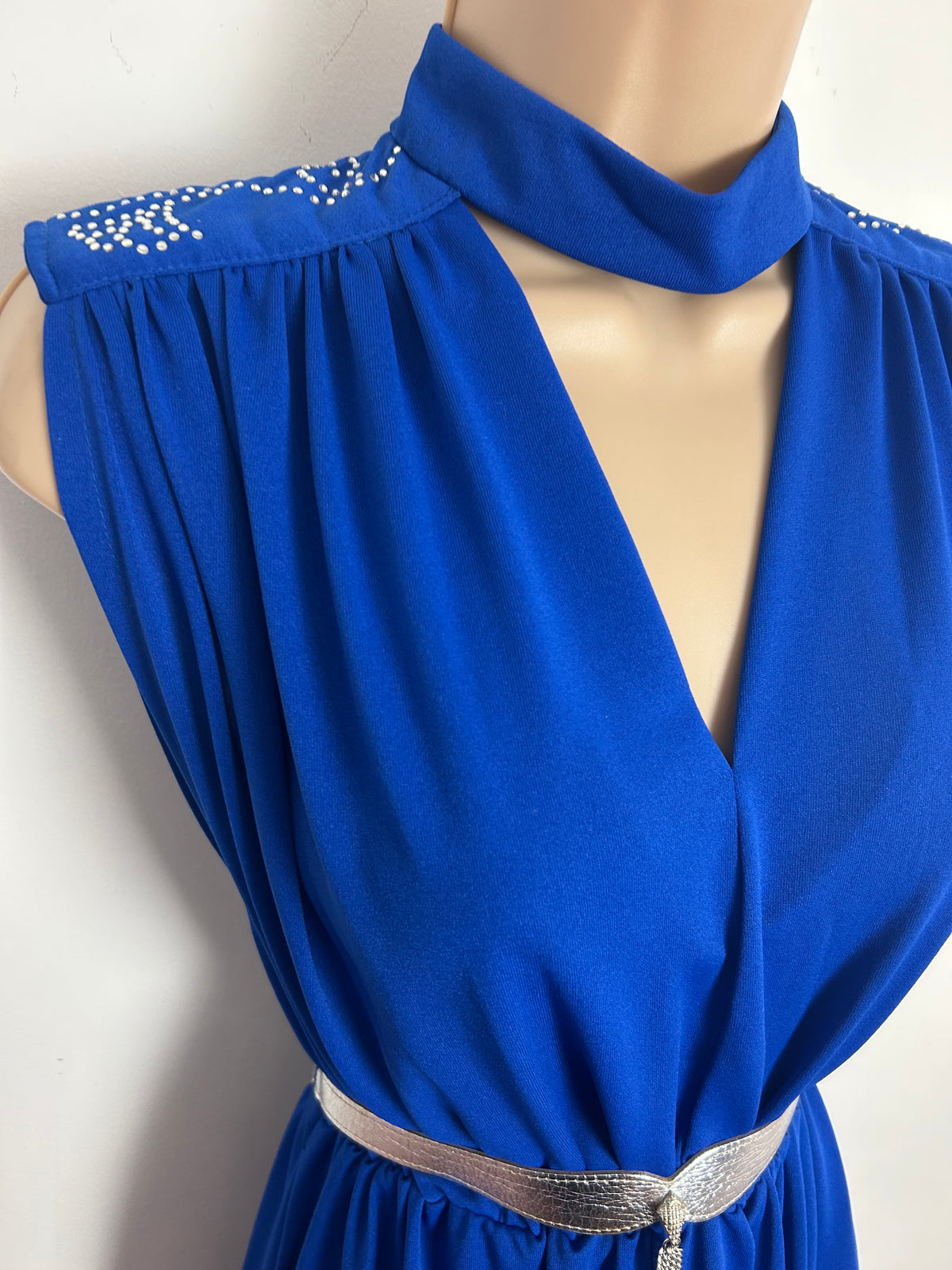 Vintage THE HOUSE OF SAINT NICHOLAS Size 8-10 Royal Blue Rhinestone Detail Belted Evening Maxi Dress