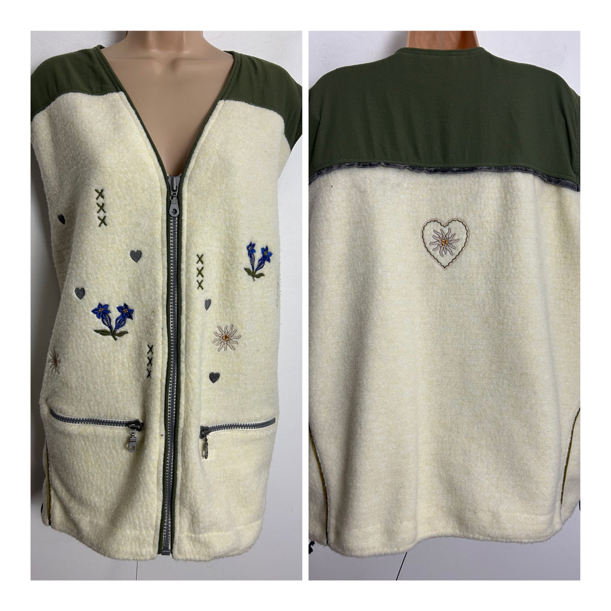 Vintage 1980s Size XL CANYON ACTIVEWEAR Cream & Green Edelwiess Flower Pattern Gilet