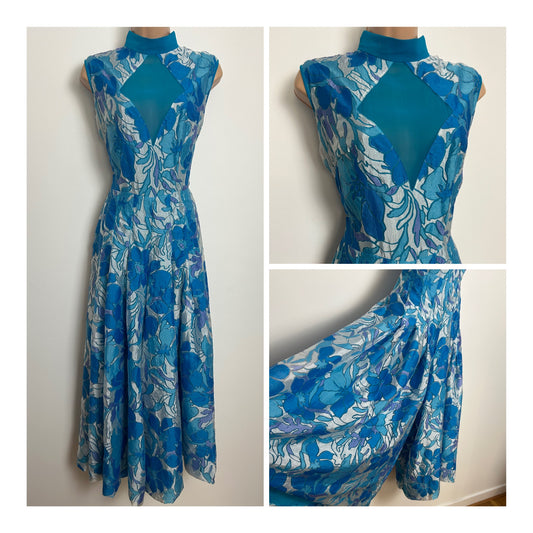 Vintage Late 1960s RARE BRENDA RING Size 10 Blue Tones Floral Print Pleated Very Wide Leg Culotte Jumpsuit