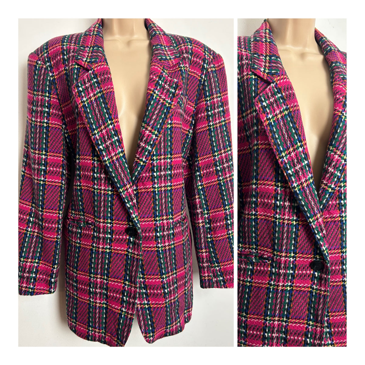 Vintage 1980s Size 14 Pink Green Blue & Yellow Check Print Wool Mix Blazer
