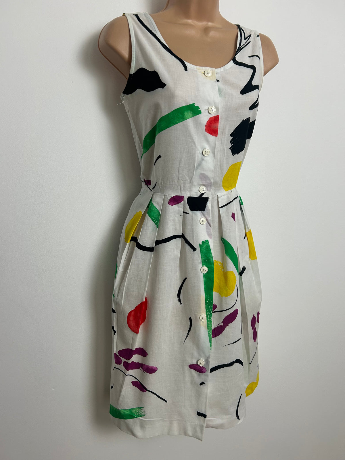 Vintage 1980s CACHAREL Size 8 White Multicolour Abstract Print Pleated Cotton Summer Dress