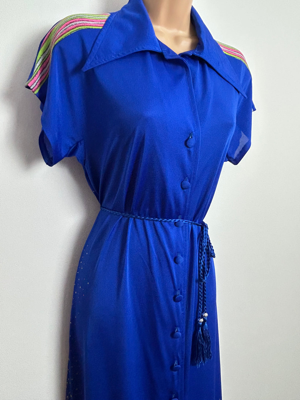 Vintage 1970s Super Rare PRINCESS RASPANTI Size 12-14 Blue Pink & Green Print Dagger Collar Belted Dress