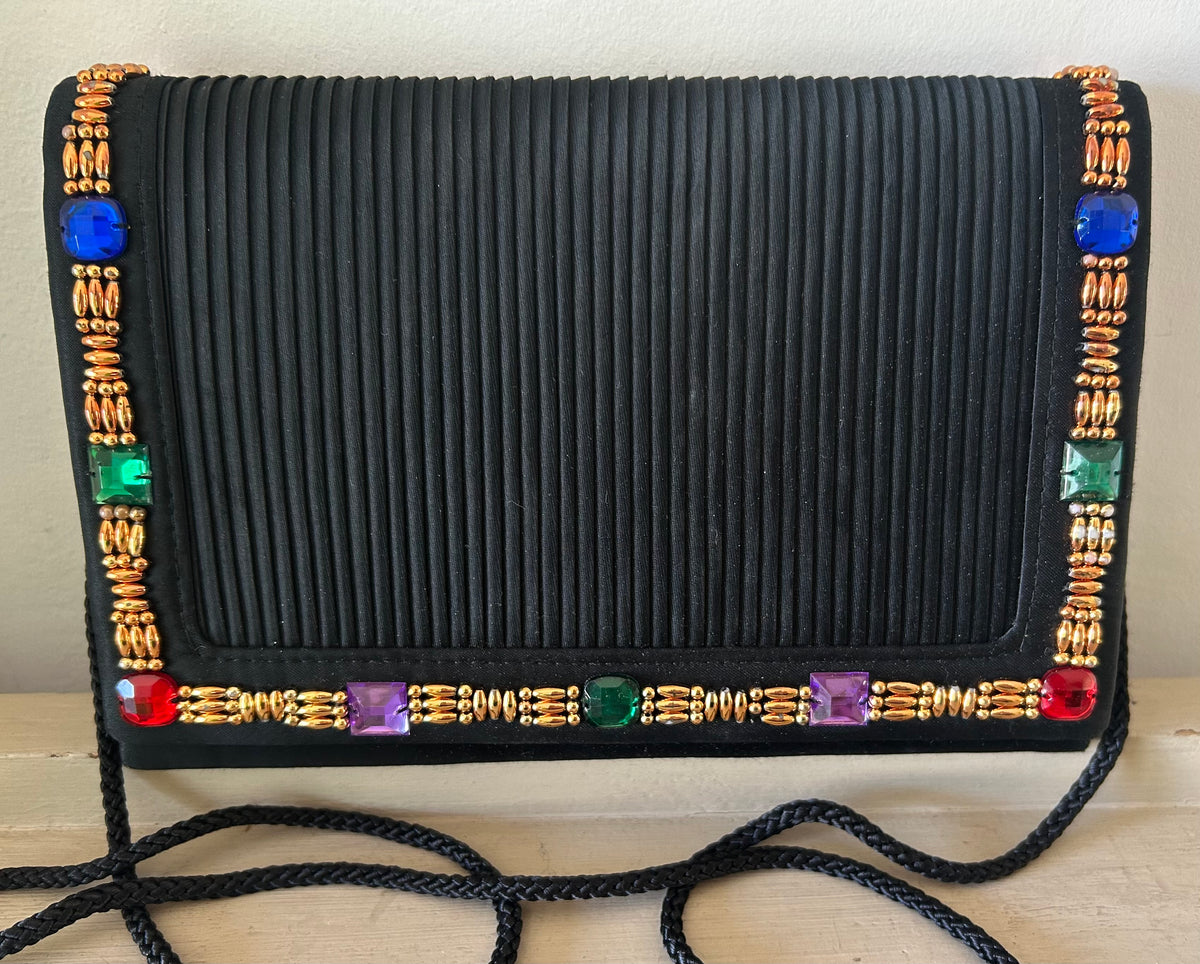 Vintage 1980s JANE SHILTON Black Pleated Gold & Jewel Colour Bead Embellished Evening Bag
