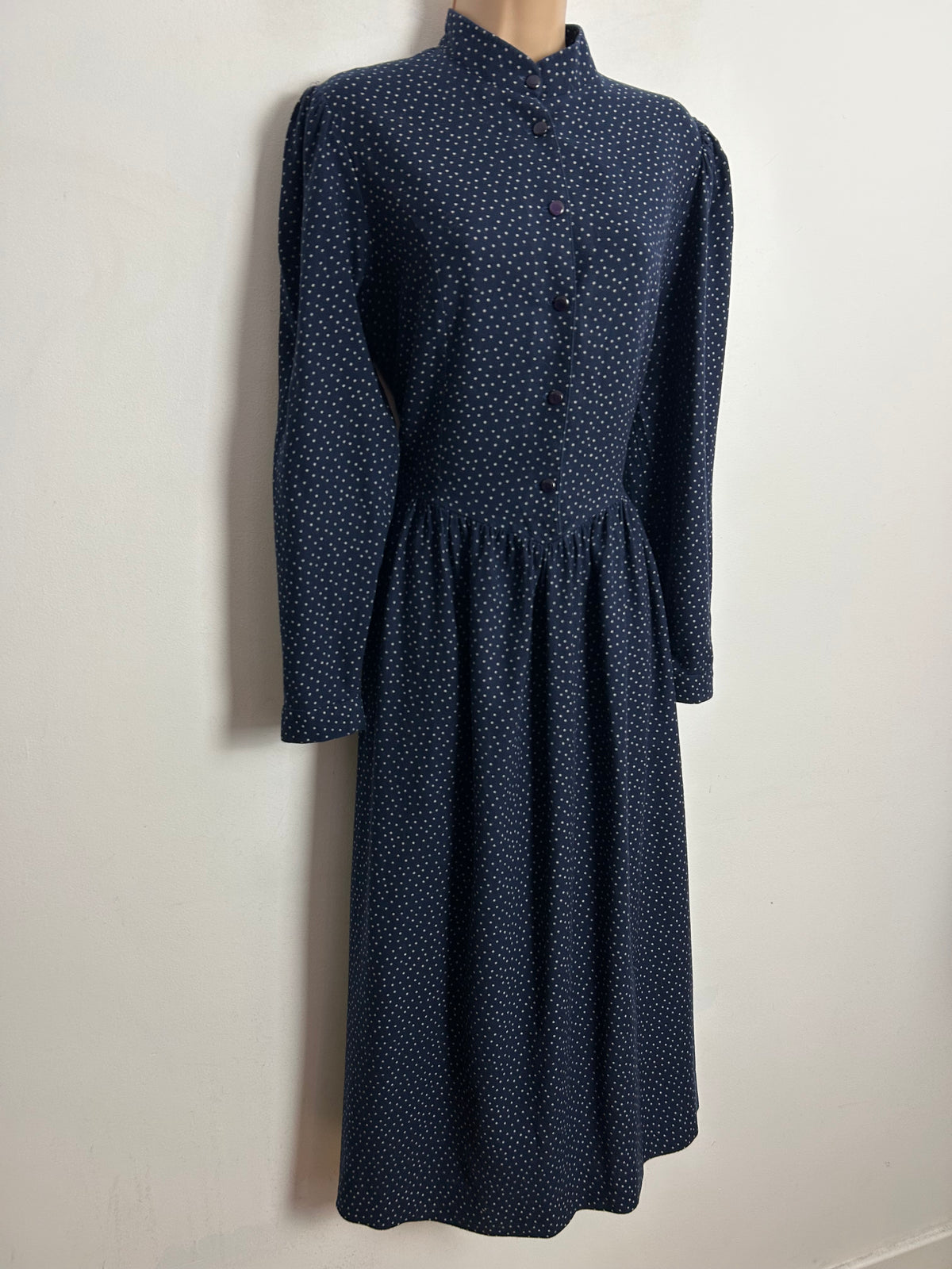 Vintage 1980s LAURA ASHLEY UK Size 10-12 (Size 14 On Label) Navy Blue Polka Dot Print Cotton Long Sleeve Day Dress