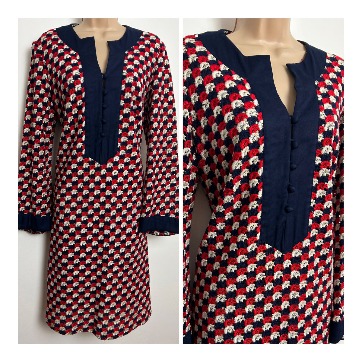 Vintage 1960s Size 14 Blue Red & White Loop Stitch Fabric Mod Shift Dress