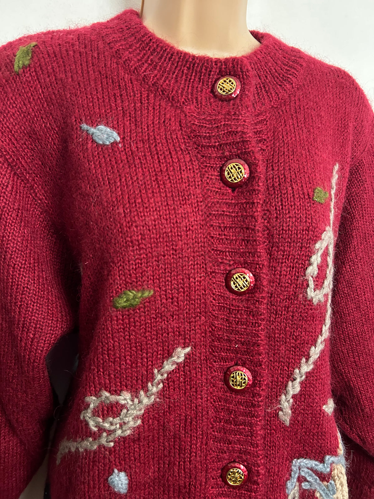 Vintage 1980s Up To Size 16 Dark Red & Grey Wool Embroidered Leaf Pattern Chunky Cardigan