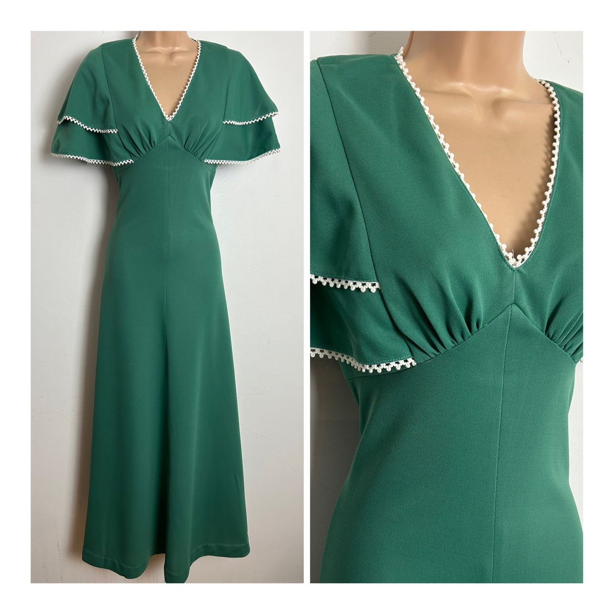 Vintage 1970s KEYNOTE Size 10 Green Double Layer Flutter Sleeve Boho Maxi Dress