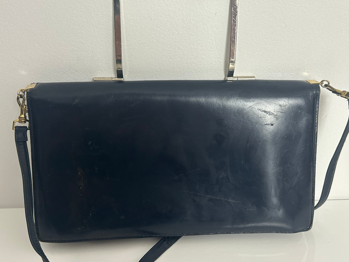 Vintage 1970s Very Dark Blue Leather Silver Handled Mod Clutch Or Shoulder Bag