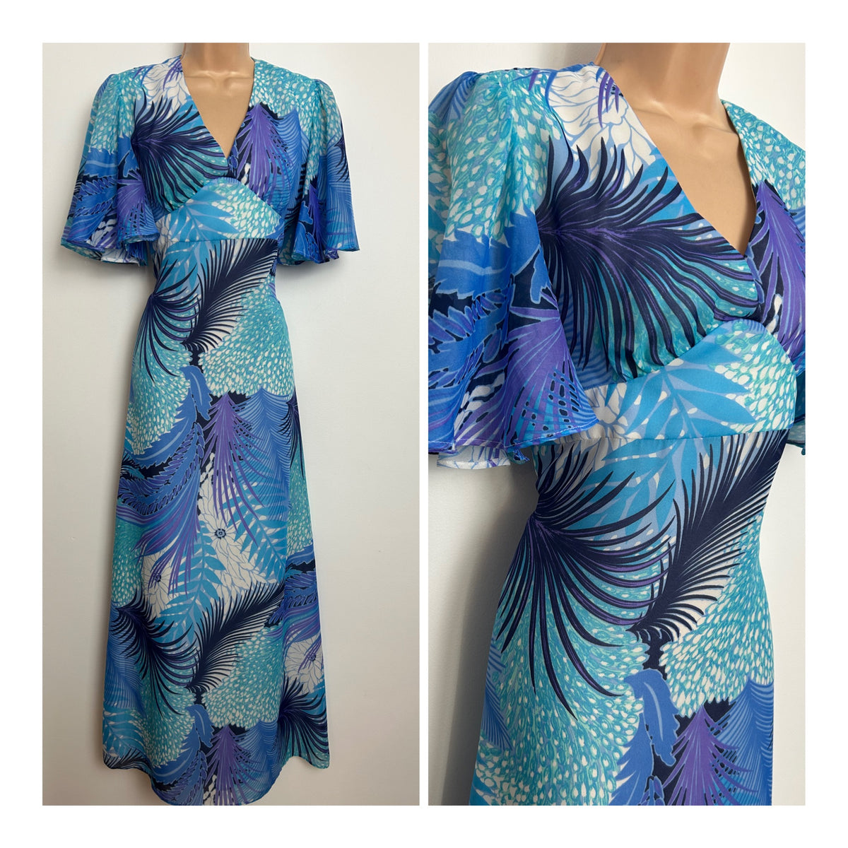 Vintage 1970s VERA MONT PARIS Size 8-10 Blue Tones Leaf Print Flutter Sleeve Tie Back Boho Maxi Dress