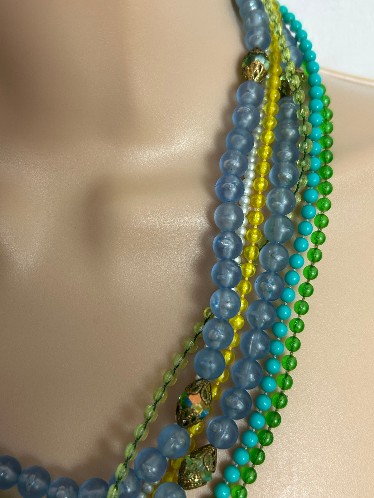 Vintage 1960s Blue Green & Yellow Plastic Bead Multi Strand Necklace With Pretty Clasp