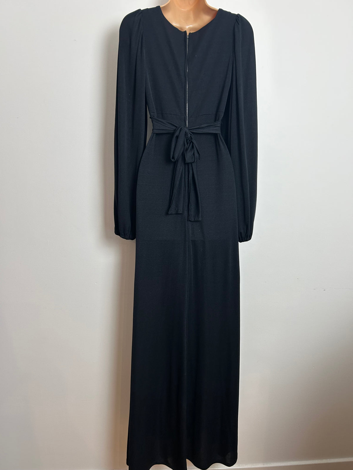 Vintage 1970s ZANIE Size 6 Black Long Sleeve Tie Back Empire Line Maxi Dress