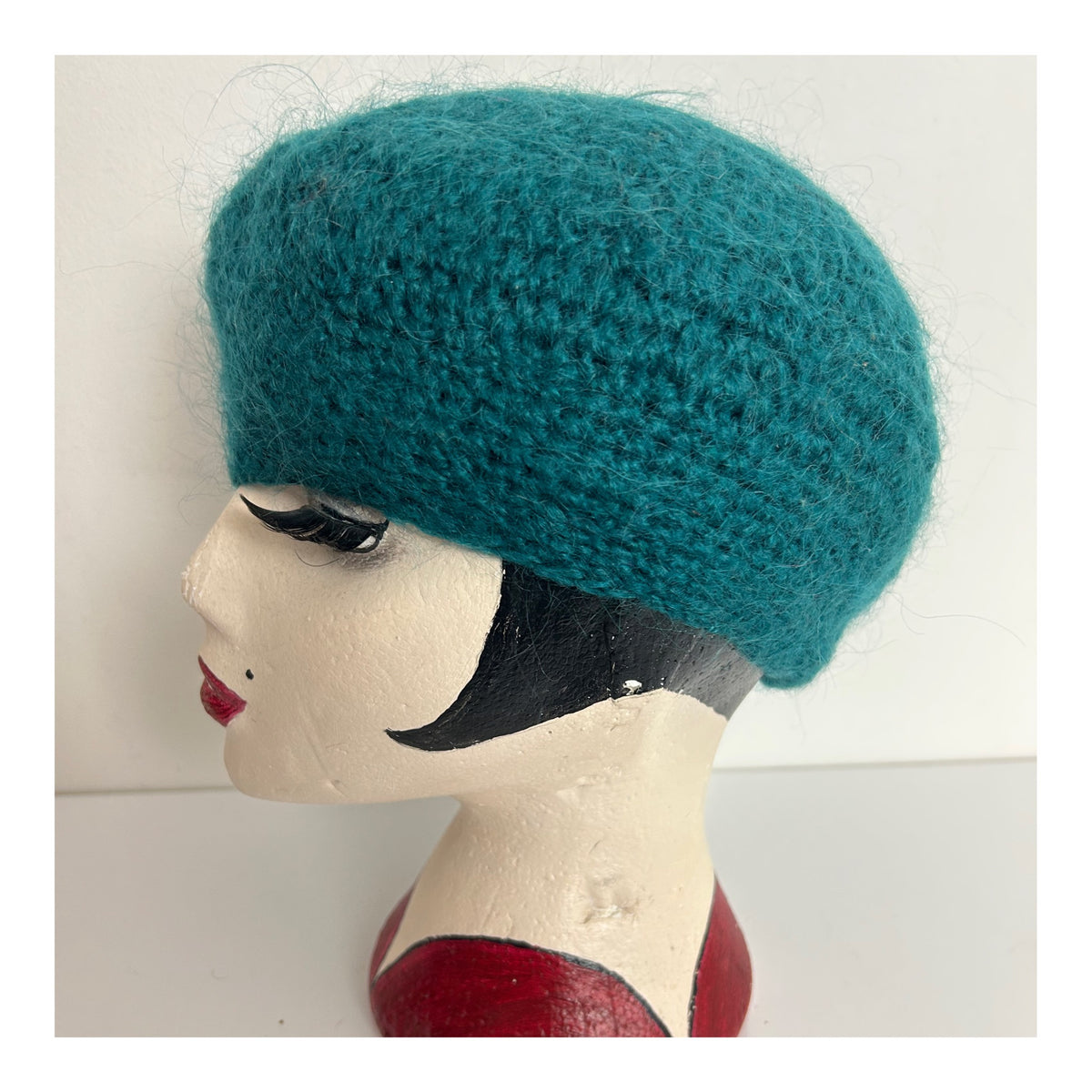Vintage Teal Green Angora & Wool Knit Beret/Beanie Style Hat