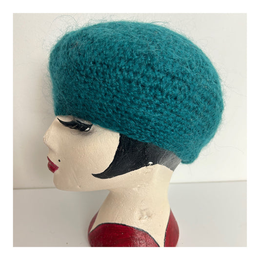 Vintage Teal Green Angora & Wool Knit Beret/Beanie Style Hat
