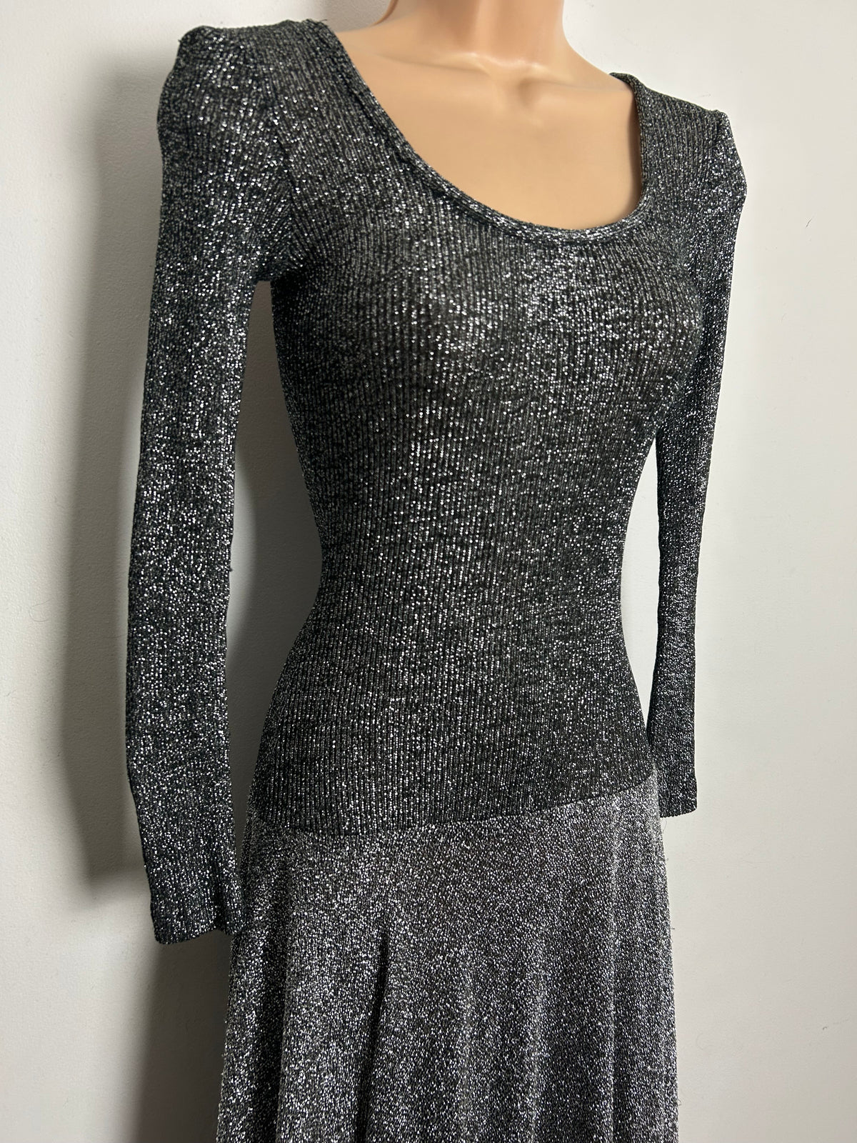 Vintage 1970s JOHN MARKS Up To Size 10 Black Silver Lurex Long Sleeve Evening Maxi Dress