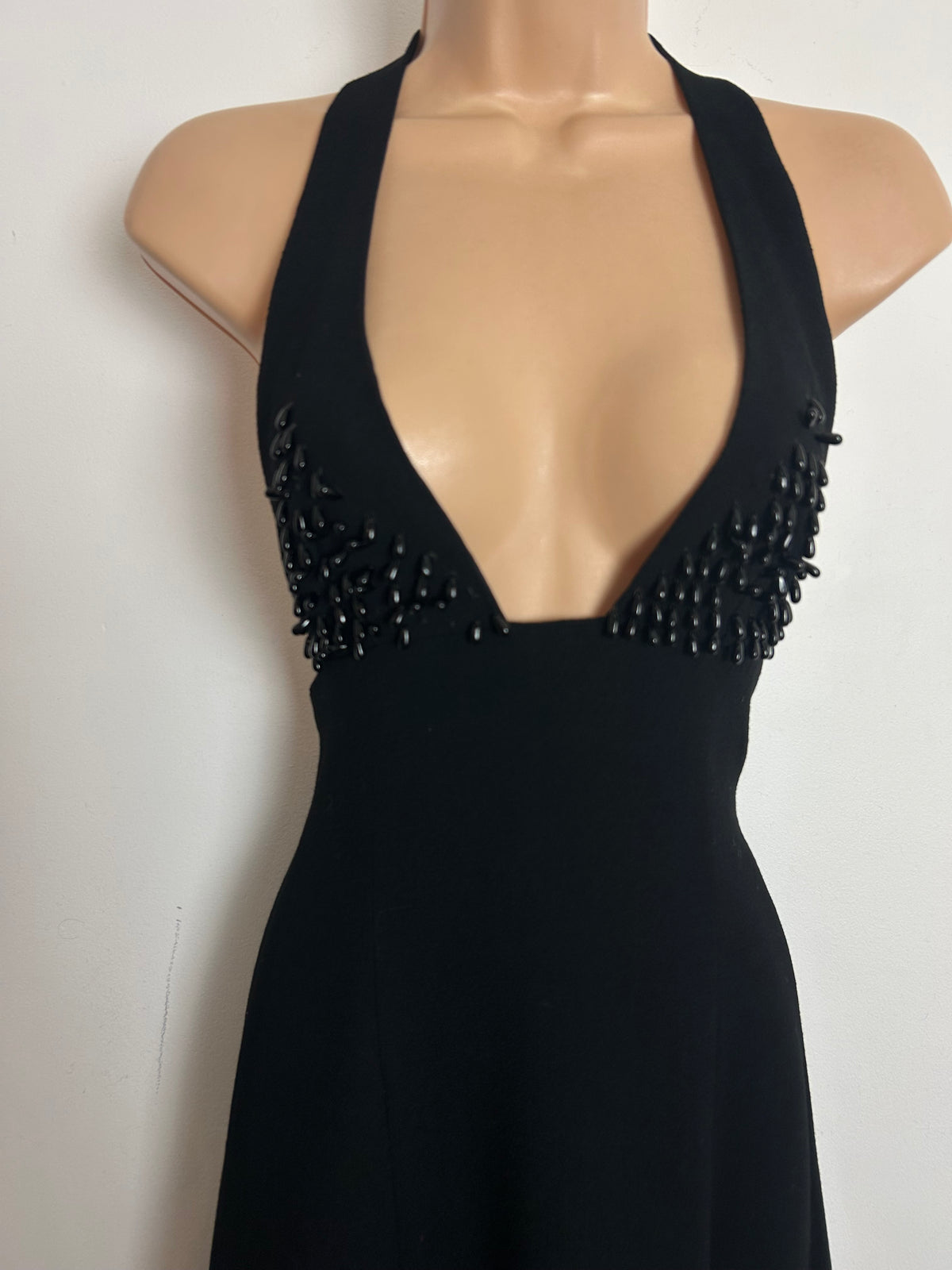 Vintage 1970s Size 8 Black Bead Detail Plunging V-Neck Open Back Occasion Evening Dress