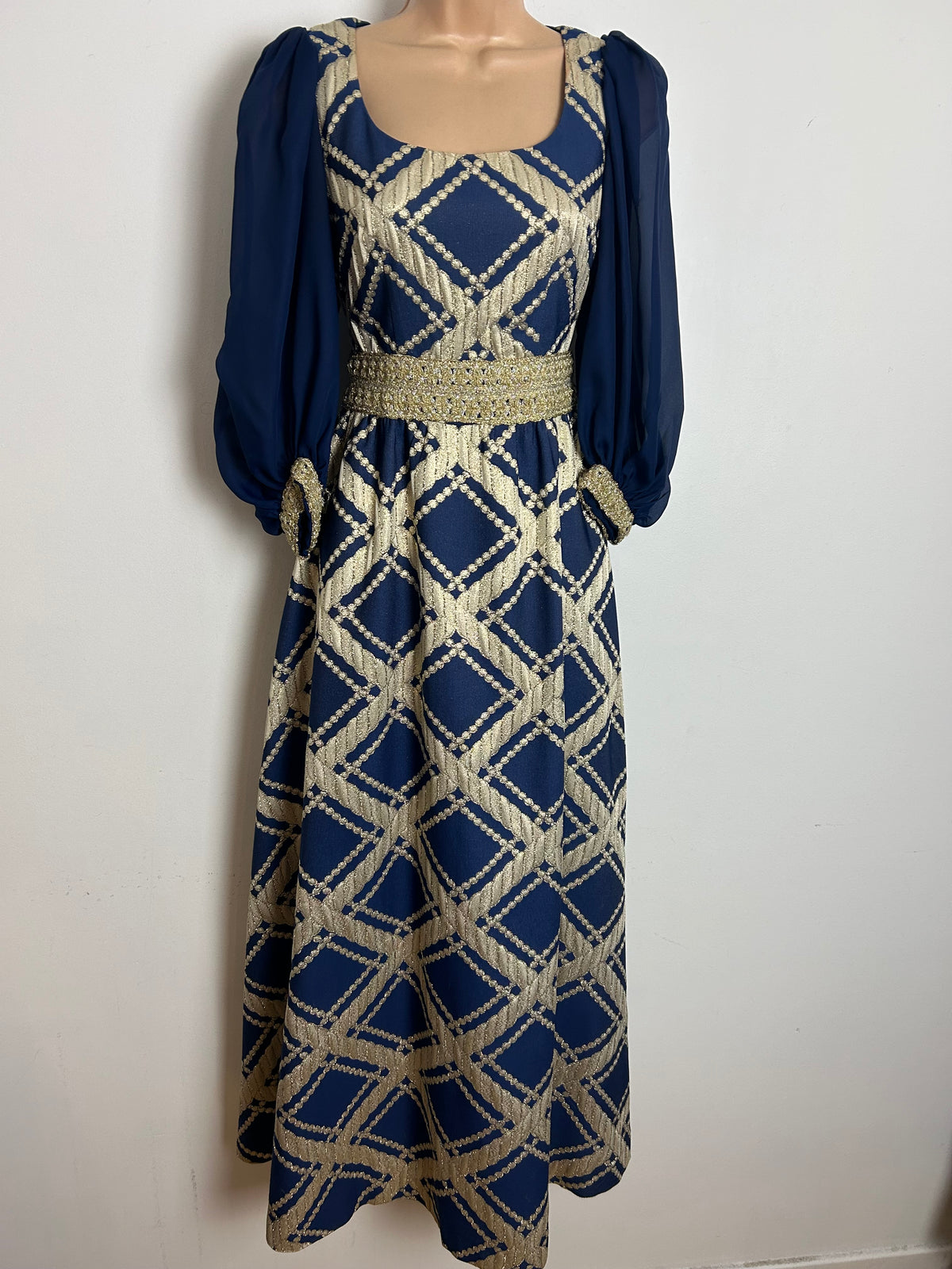Vintage 1960s Size 6 Navy Blue & Gold Braid Trim Brocade Occasion Evening Maxi Dress