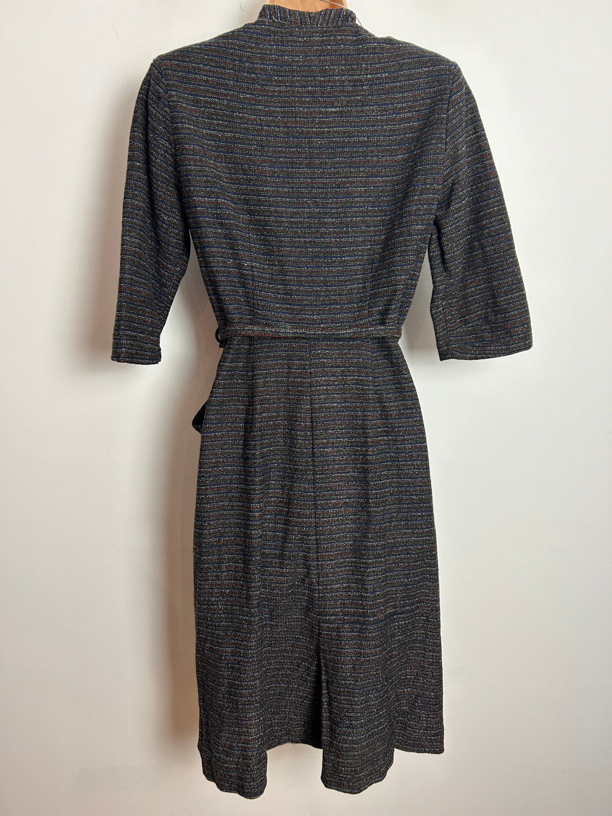 Vintage 1940s Rare BRILKIE MODELS UK Size 10 Black Mix Woven Wool Belted Pleated Wartime Era Dress