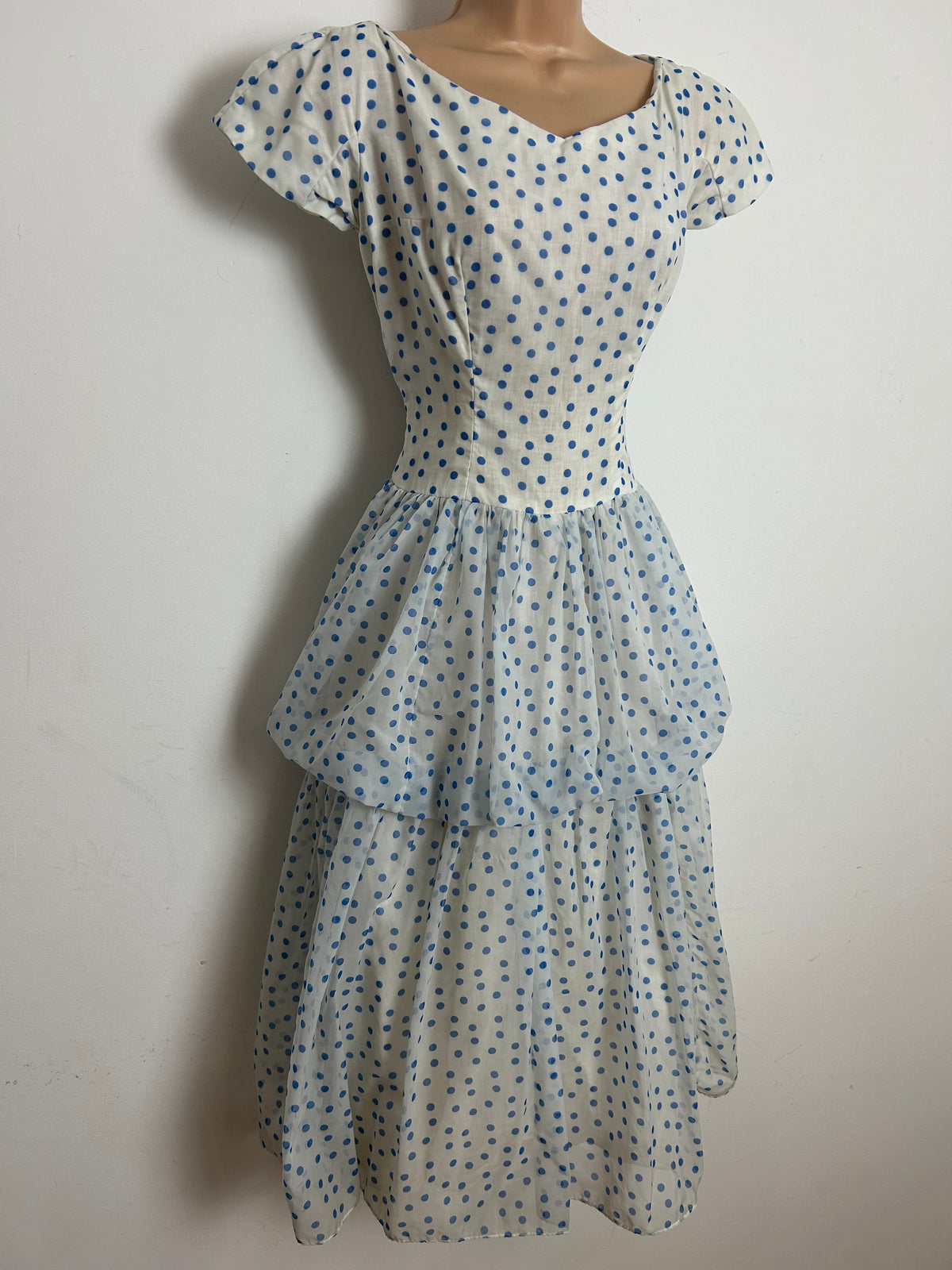Vintage Late 1950s PECK & PECK Size 8 White & Blue Polka Dot Layered Party Prom Occasion Dress