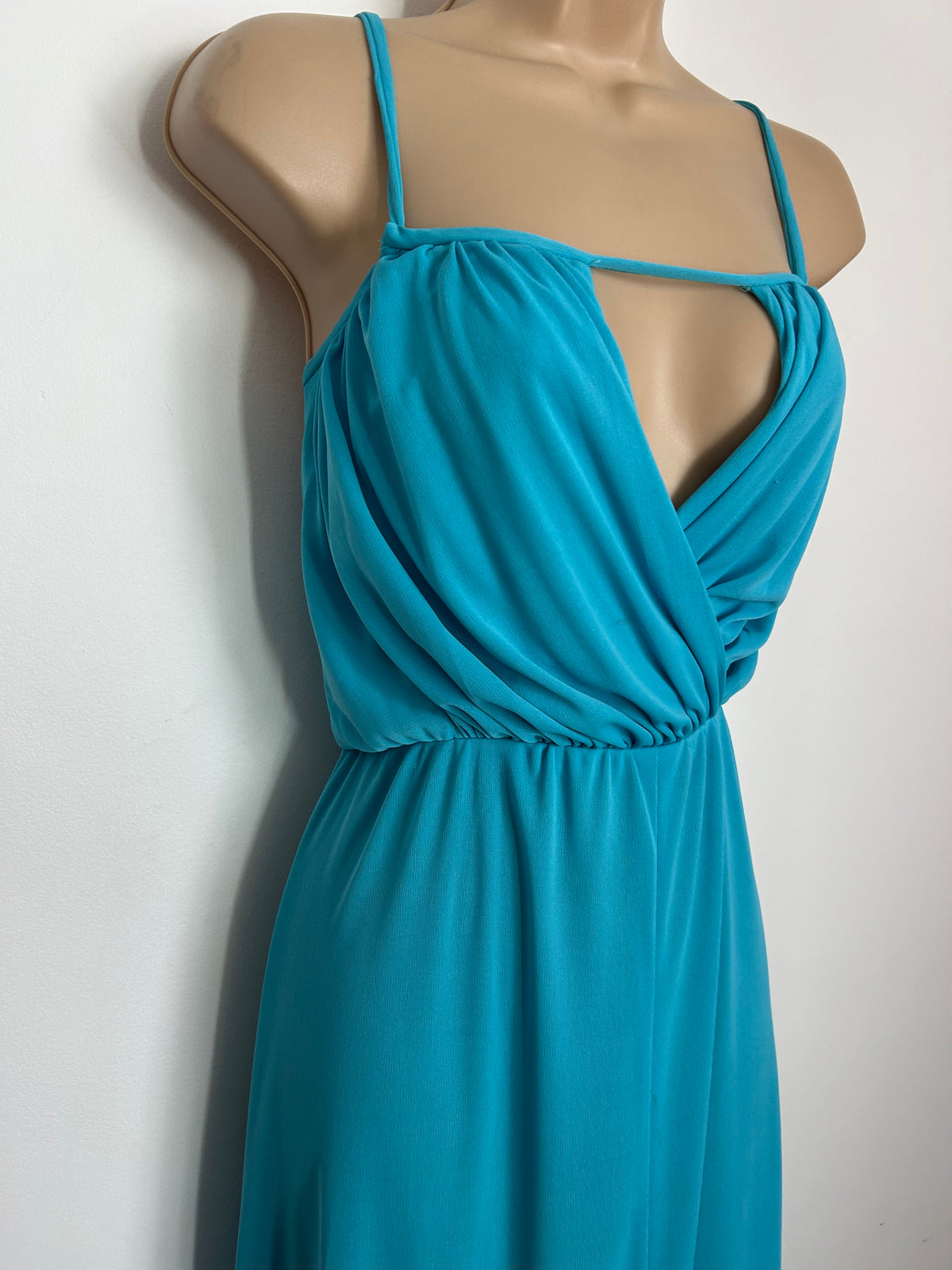 Vintage 1970s Size 12-14 MR DARREN Turquoise Cut Out Panel Strappy Summer Occasion Maxi Dress
