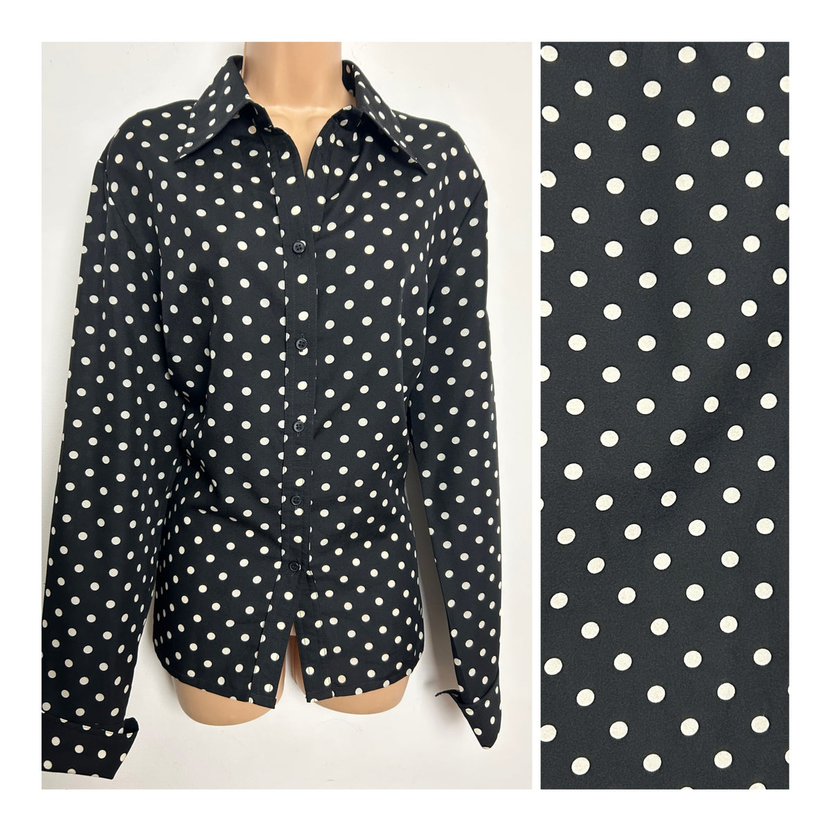 Vintage Early 1980s MARIANNE PARIS Size 16 Black & White Polka Dot Shirt