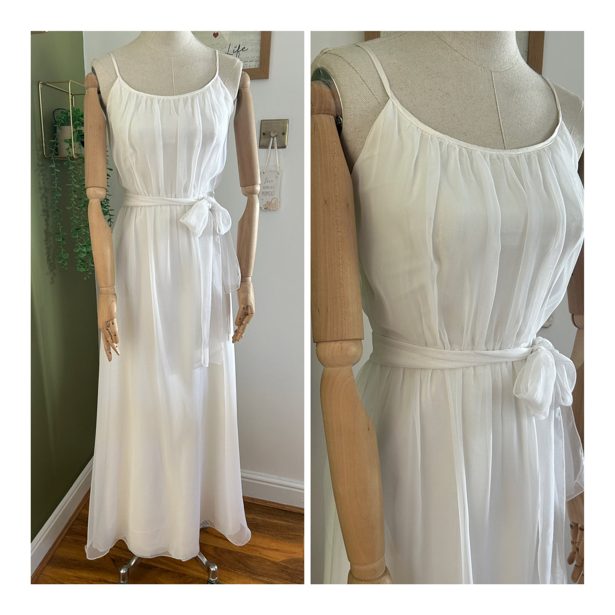 Vintage 1970s Size 6 VERA MONT White Chiffon Strappy Belted Maxi Dress