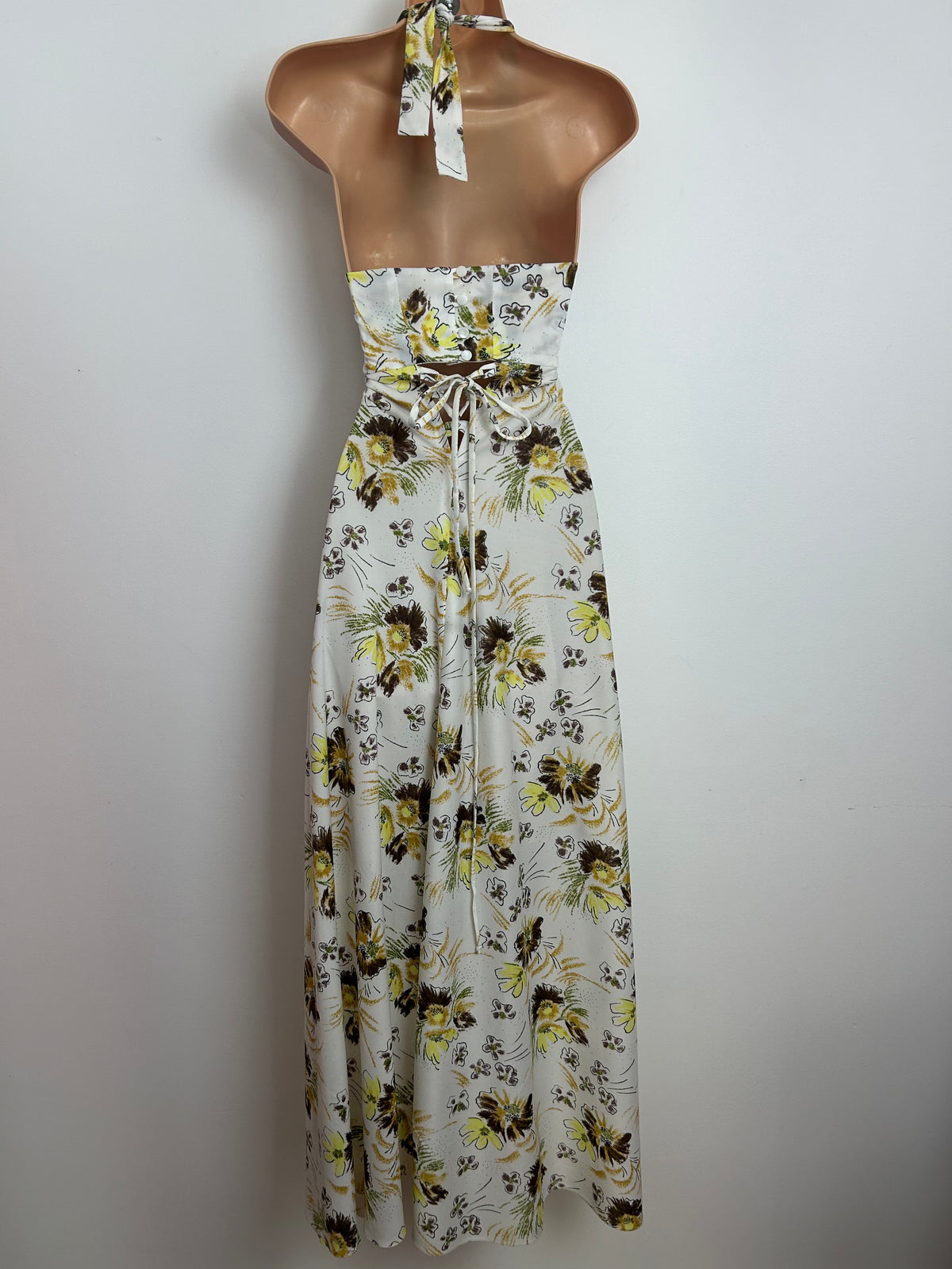 Vintage 1970s 10 White Brown & Yellow Floral Print Halter Neck Button & Lace Up Detail Maxi Dress