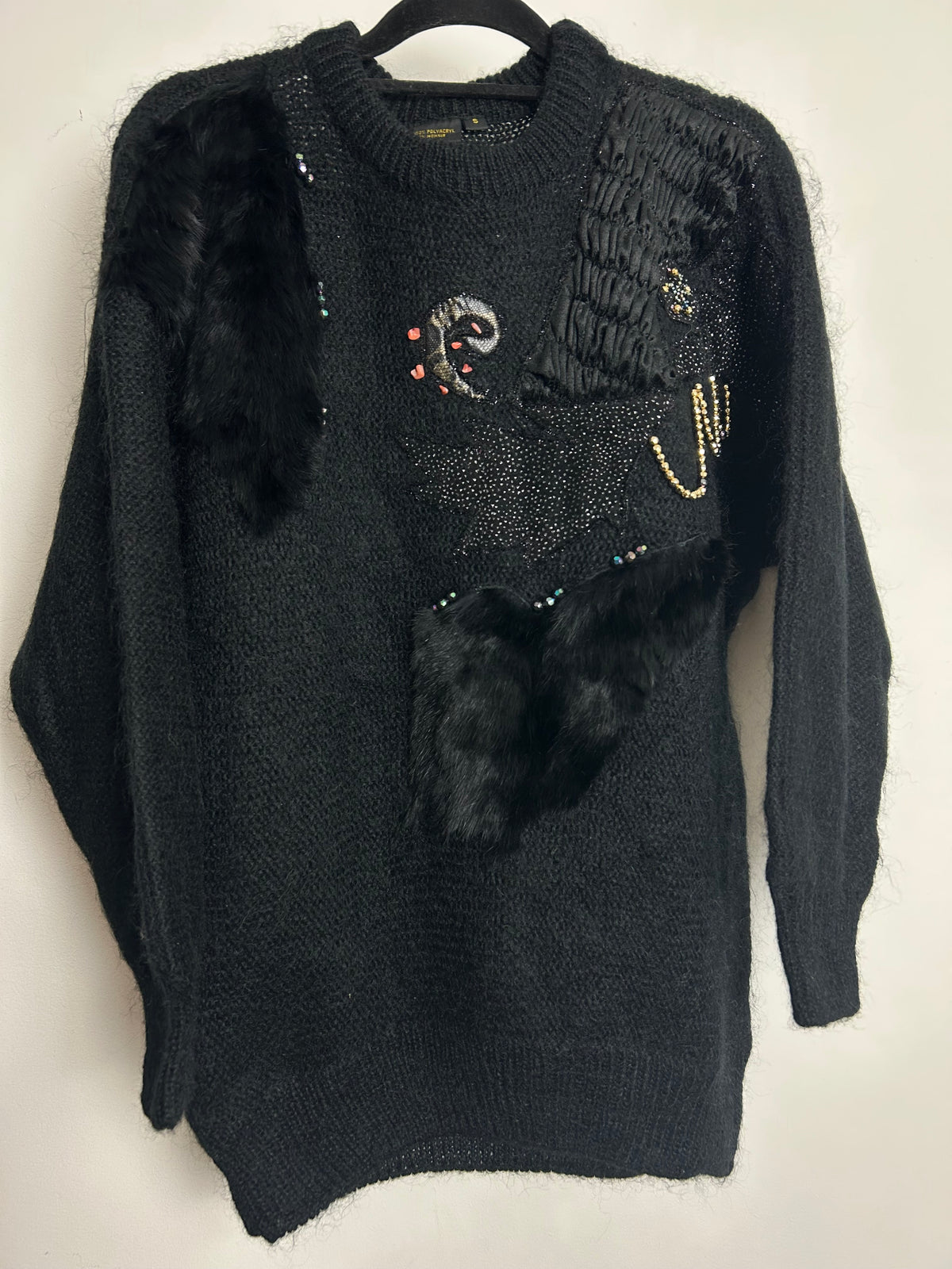 Vintage 1980s Up To Size 14 Black Fur Chain & Bead Applique Detail Slouchy Mohair Mix Jumper
