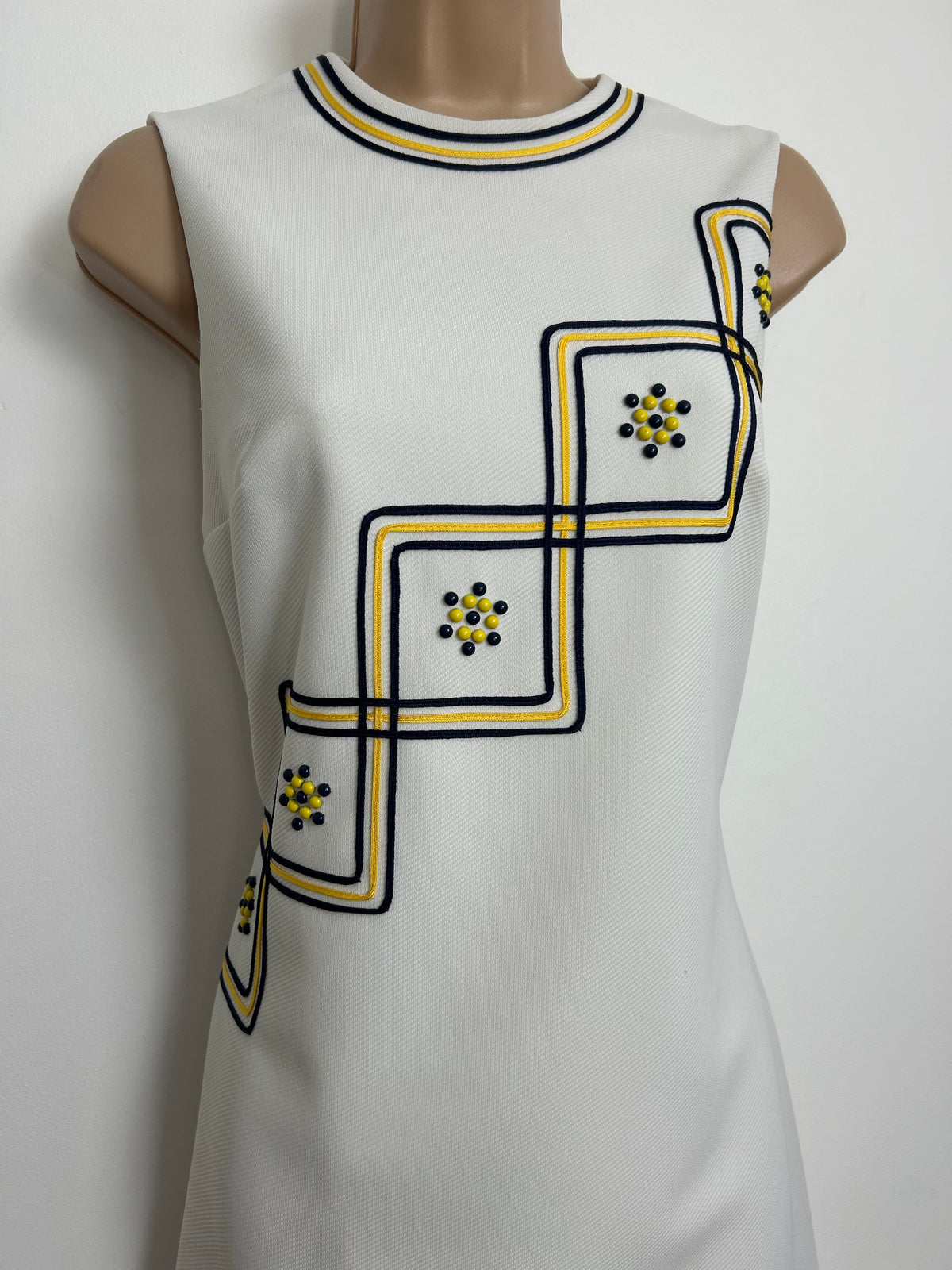 Vintage 1960s Size 8 White Navy Blue & Yellow Braid & Bead Embellishment Mini Mod Scooter Shift Dress