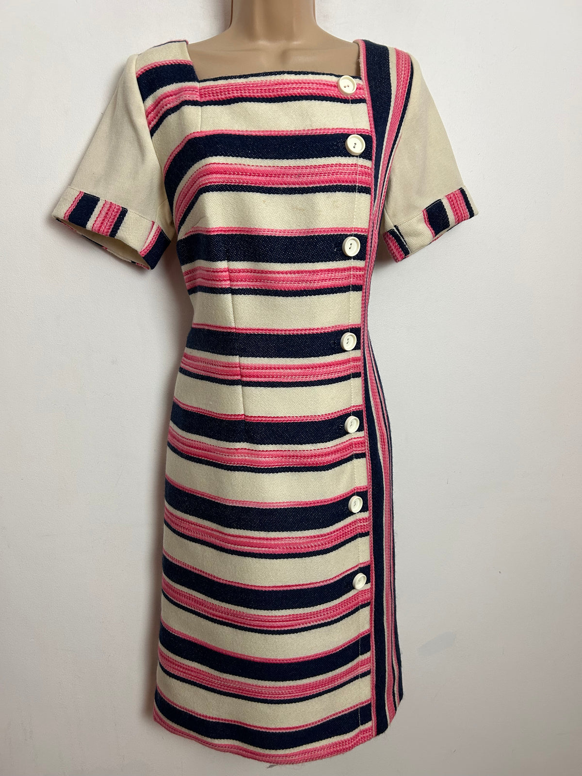 Vintage 1960s CREATION ELEGANCE PARIS UK Size 10-12 Cream Navy Blue & Pink Stripe Pure New Wool Mod Shift Dress