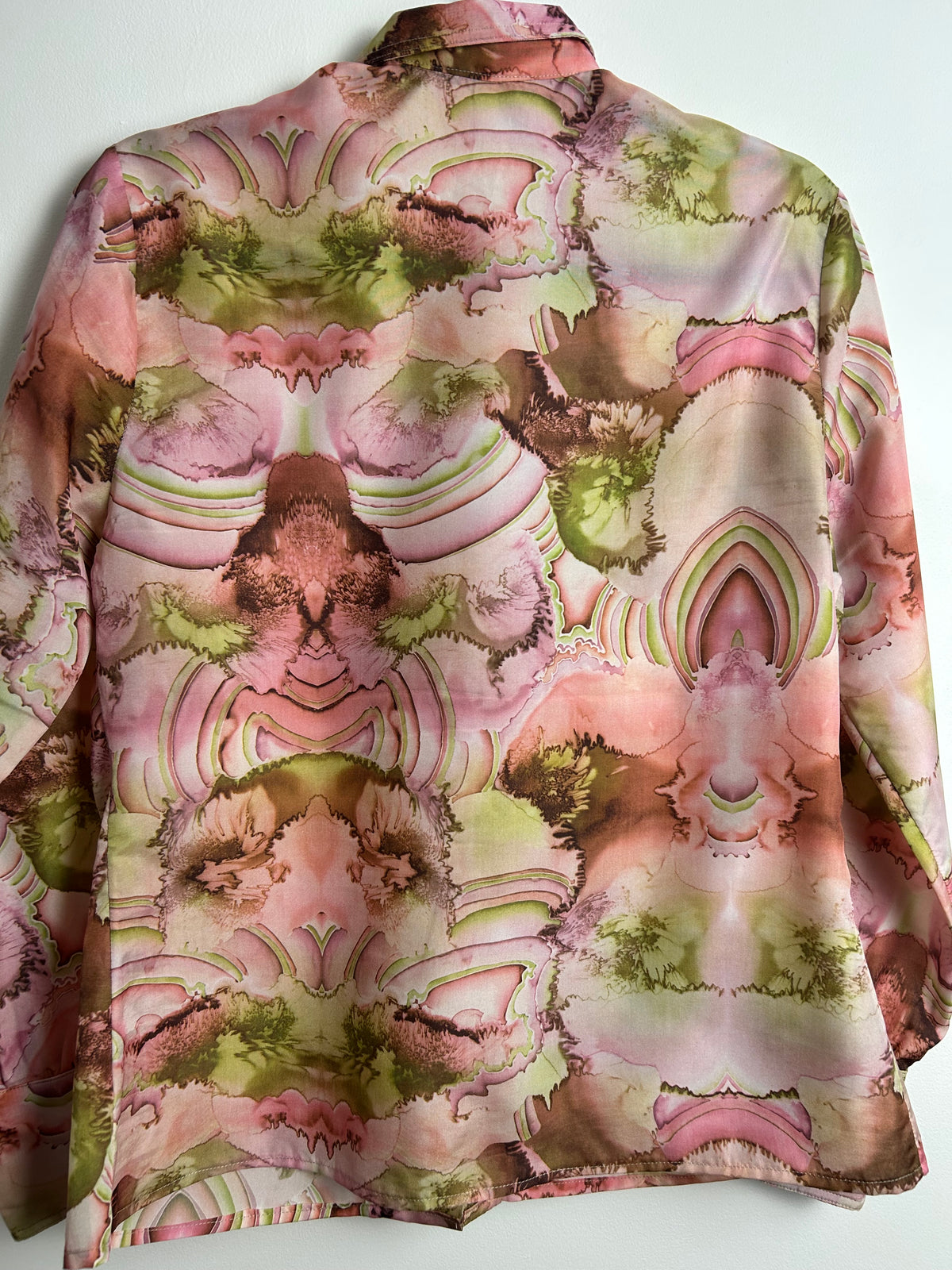 Vintage 1970s Size 14 Pink & Green Tones Abstract Print Long Sleeve Dagger Collar Shirt