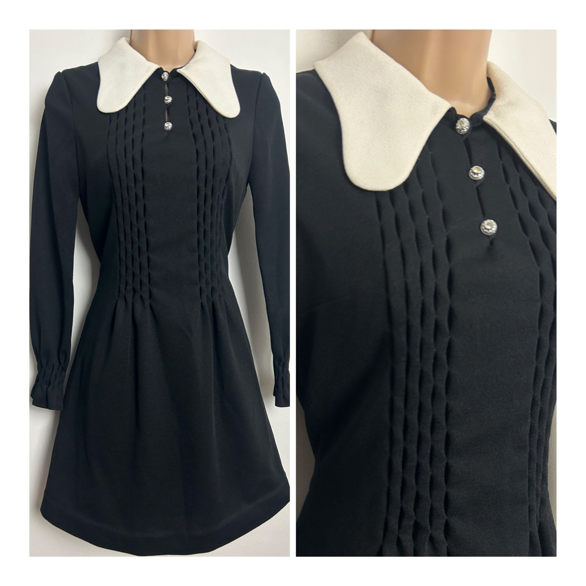 Vintage 1960s PEGGY LANE Size 6 Black Beagle Collar Pintuck Pleated Tie Back Mini Mod Dress