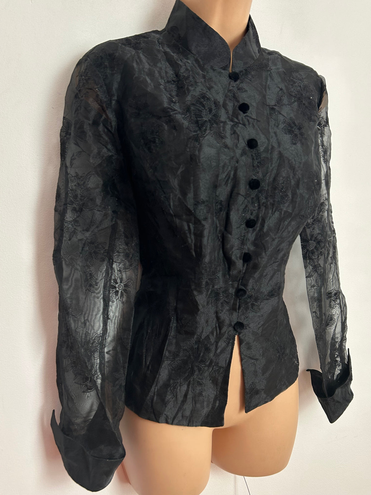 Vintage 1980s ALEX EVENINGS UK Size 12 Organza Chiffon Velvet Flock Long Sleeve Blouse