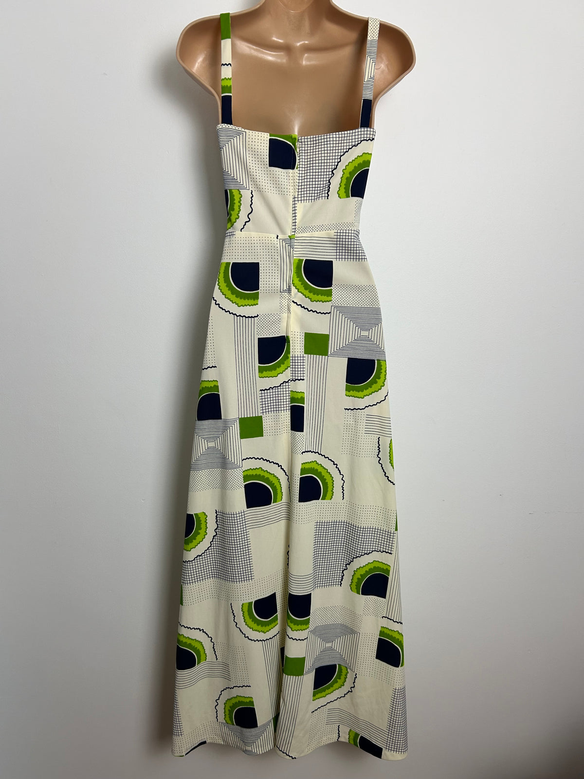 Vintage 1970s MARISA By Kitty Copeland Size 10-12 Cream Navy Blue & Green Abstract Print Dress & Matching Dagger Collar Open Fronted Shirt  Style Jacket