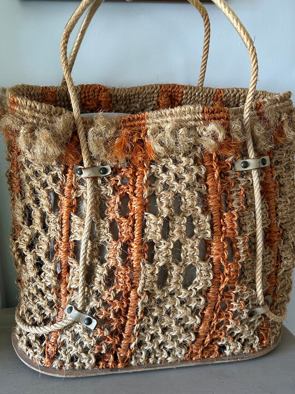 Vintage Late 1960s Early 1970s Large Raffia String Style Woven Beach Bag Shopping Bag