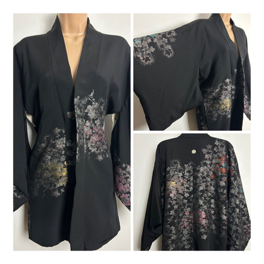 Vintage Up To Size 12-14 Original Japanese Black Silver Pink & Orange Lurex Cherry Blossom Print Haori Kimono