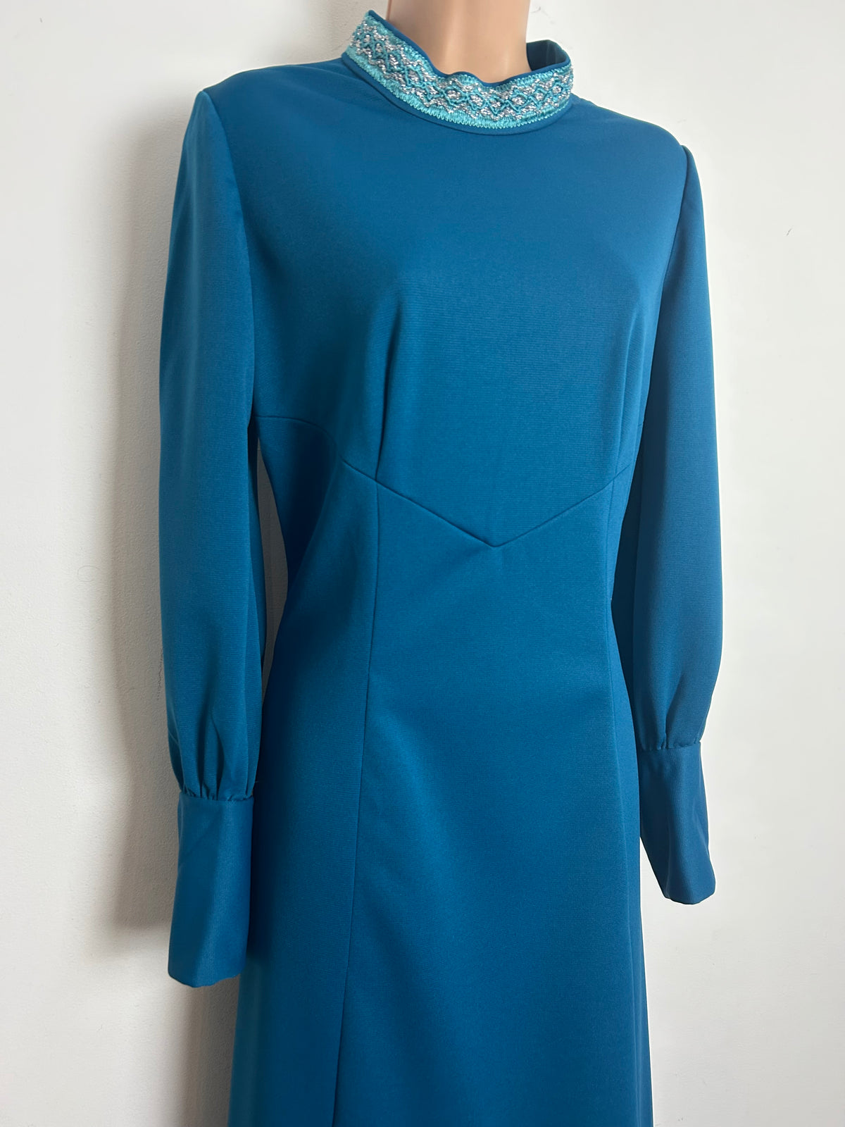 Vintage 1970s Size 12 Teal Braid Trim Long Sleeve Evening Maxi Dress
