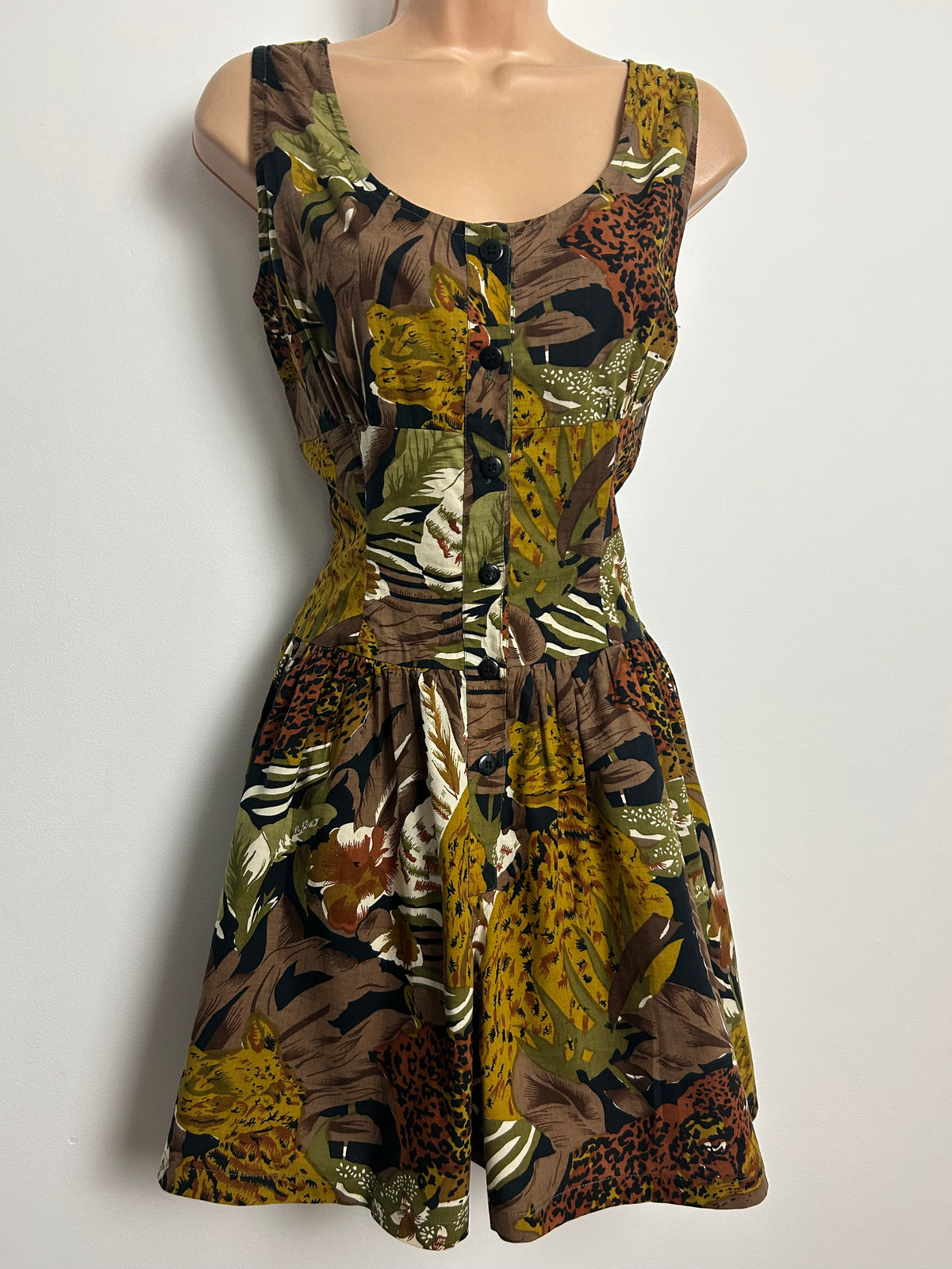 Vintage 1980s Size 10 Brown & Green Tones Jungle Print Cotton Romper/Playsuit