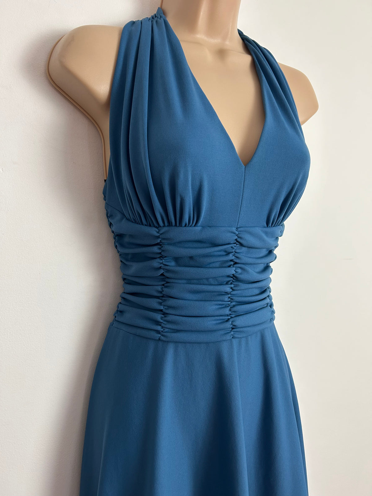 Vintage 1970s Size 6 Dark Dusky Blue Cage Back Ruched Waist Occasion Maxi Dress